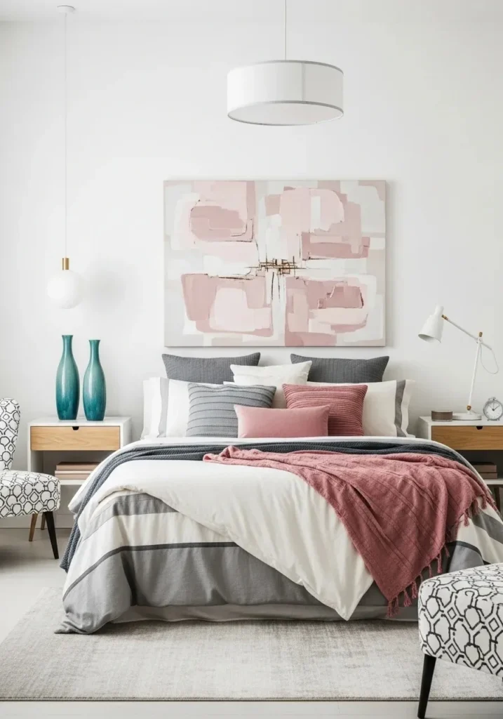 Subtle teal and pink decor bedroom