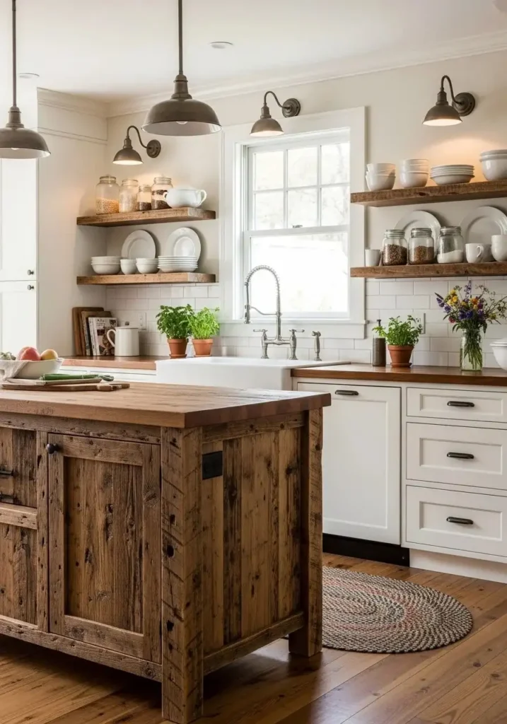 Farmhouse kitchen with rustic wood island centerpiece
