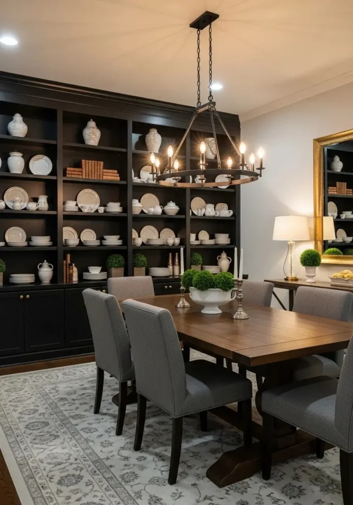 Black built-in shelves in dining room with styled decor and wooden table.