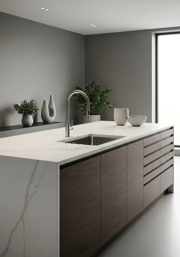 Waterfall edge kitchen island with integrated sink and modern design
