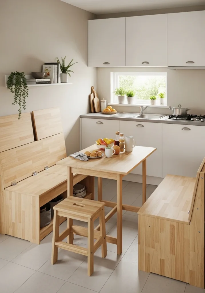 Multifunctional furniture in small kitchens saves space and adds practical use.