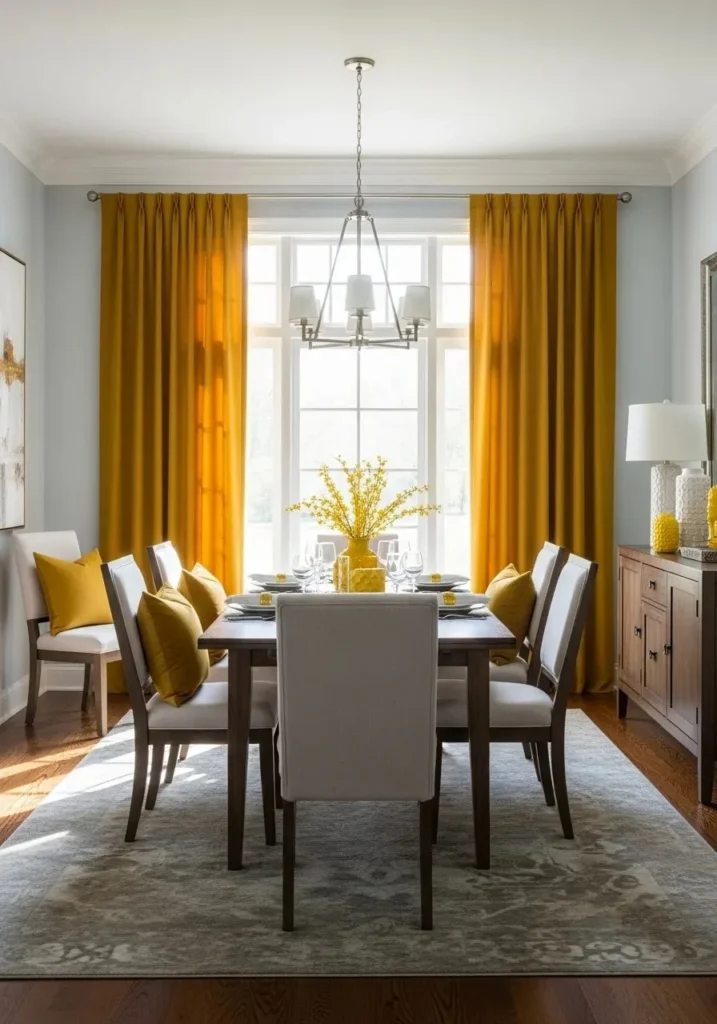 Dining room featuring colorful floor-length curtains.