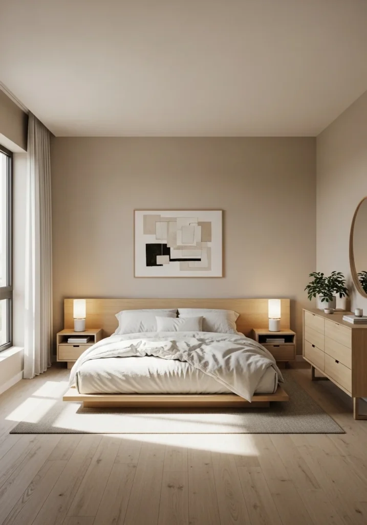 Soft neutral bedroom with beige tones and calming peaceful atmosphere