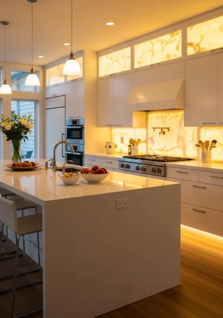 Under cabinet lighting in a white kitchen creating warm glow