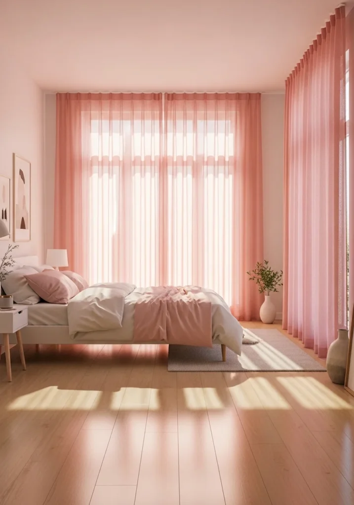 Bedroom with sheer blush pink curtains creating a soft, dreamy glow