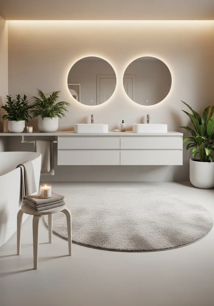 Round bathroom rug adding softness and balance to space