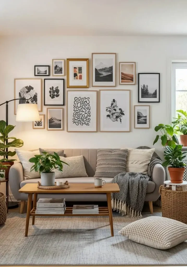 Gallery wall in living room with mixed frames and personalized artwork