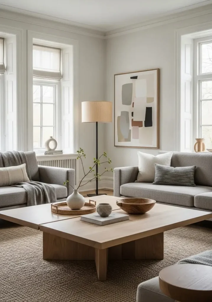 Japandi living room with subtle statement furniture piece