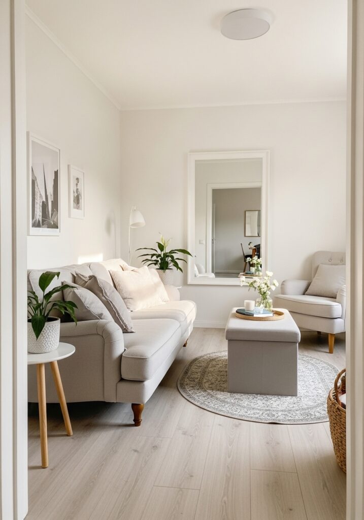 Small living room with light colors, slim furniture, and mirror to create openness.