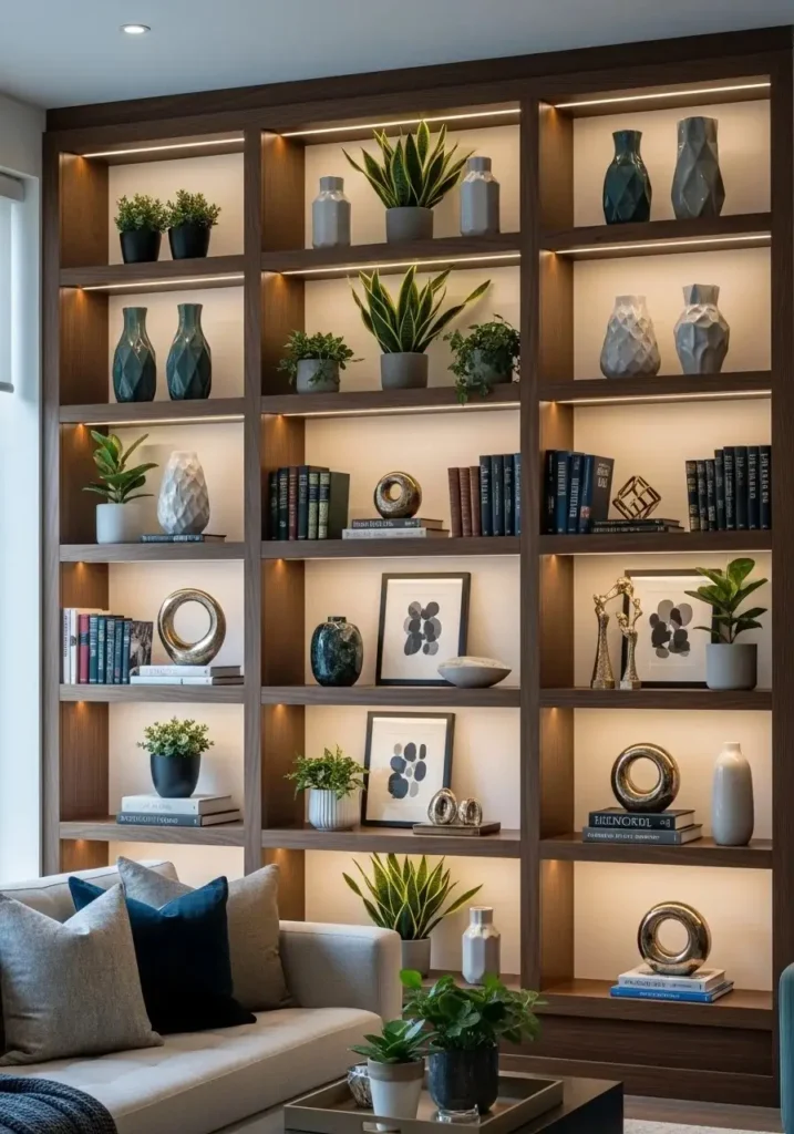 luxury living room built in shelving with decorative styling