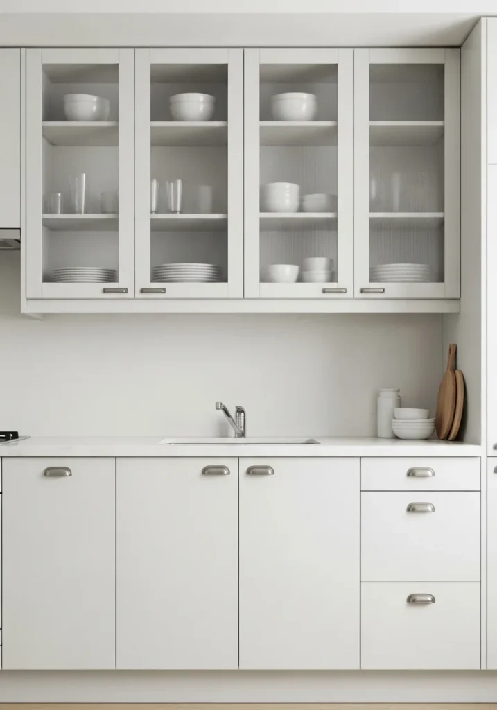Glass cabinet doors visually open small kitchens and encourage organized storage.