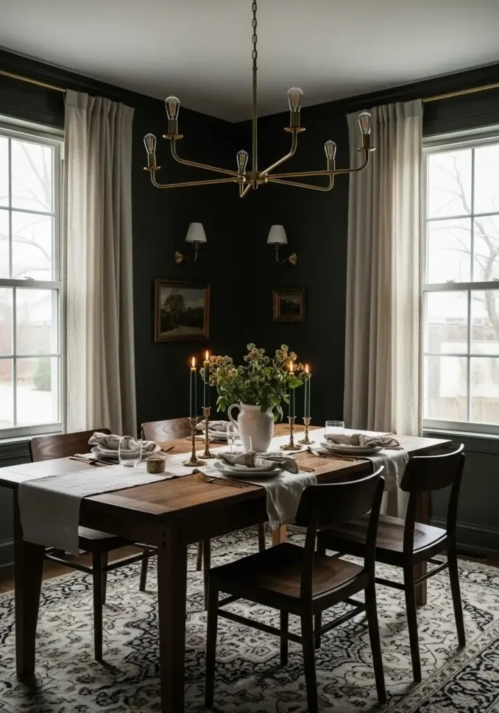 Moody dining room with dark green walls and brass accents.