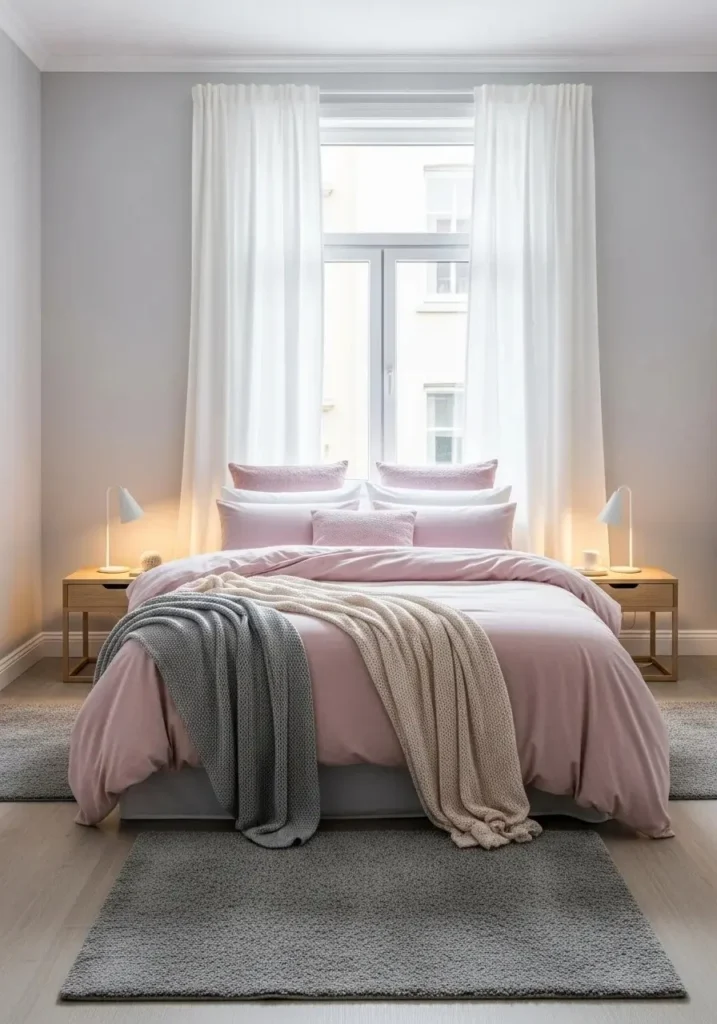 Bedroom featuring a balanced pink and gray color palette