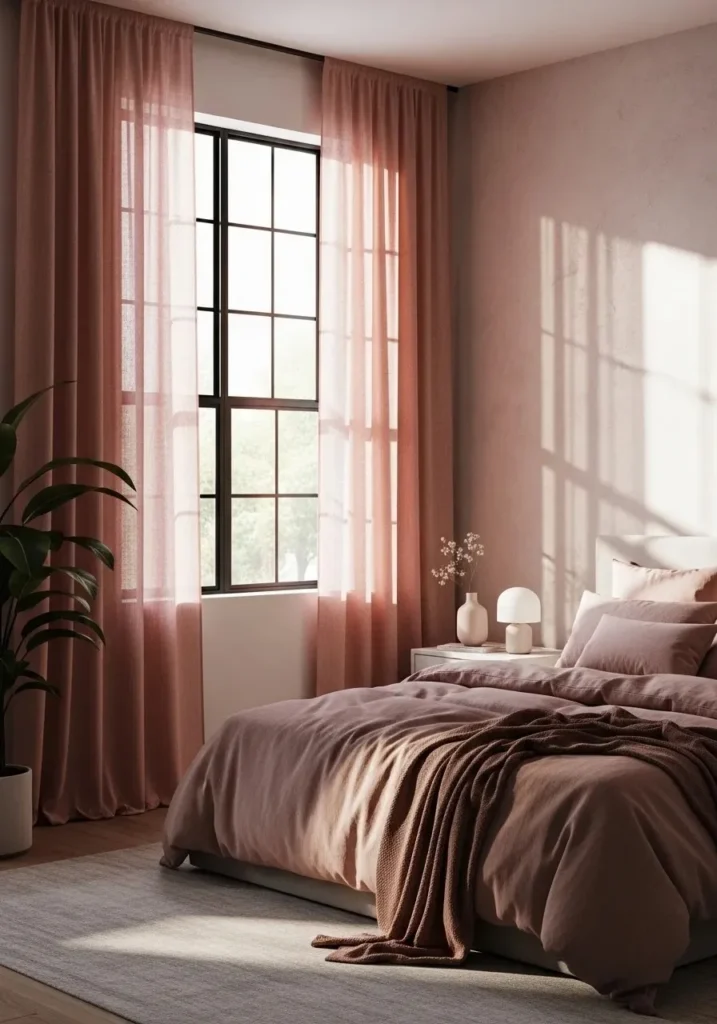 pink curtains paired with black window frames in bedroom