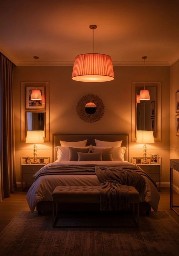 Bedroom lit with peach and gold lighting creating a warm, ambient glow.