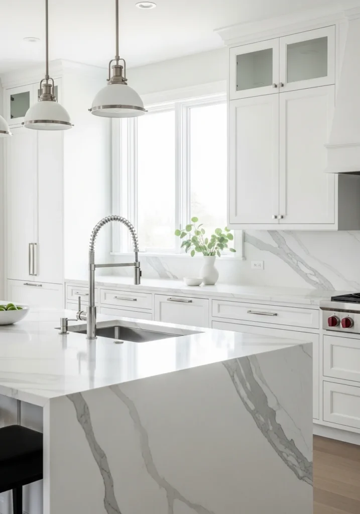 White kitchen with marble countertops and gray veining