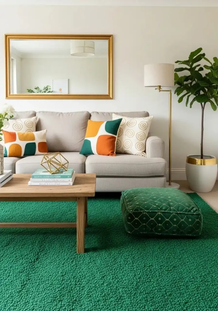 Bold emerald green area rug energizing a neutral-toned living room.