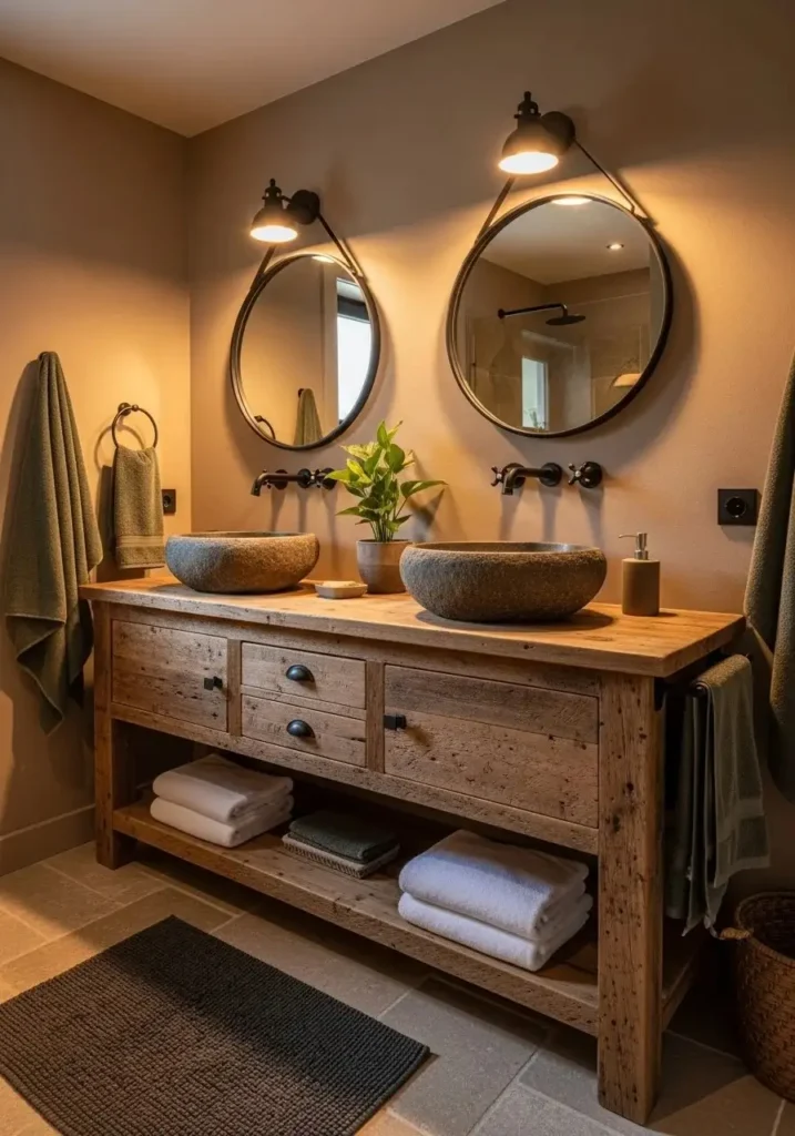 Rustic wooden double vanity with stone sinks and black fixtures in a cozy bathroom.