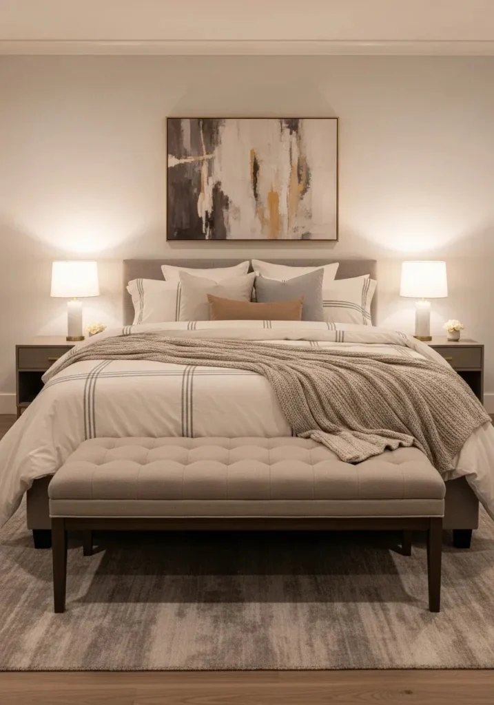 bench placed at the foot of master bedroom bed