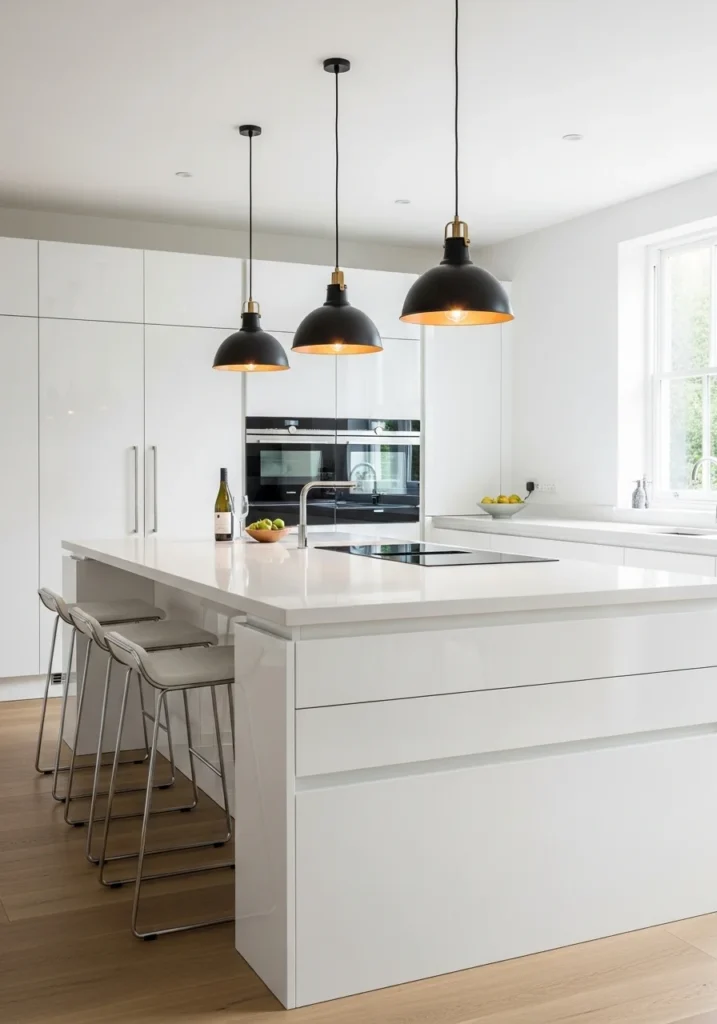 White kitchen island as centerpiece of bright kitchen