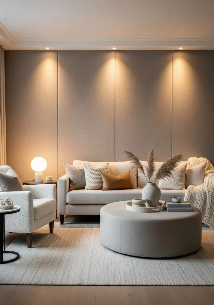 Fabric panel accent wall in living room adding softness and texture
