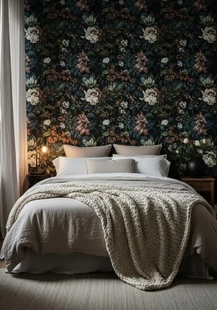 dark floral wallpaper moody bedroom romantic design