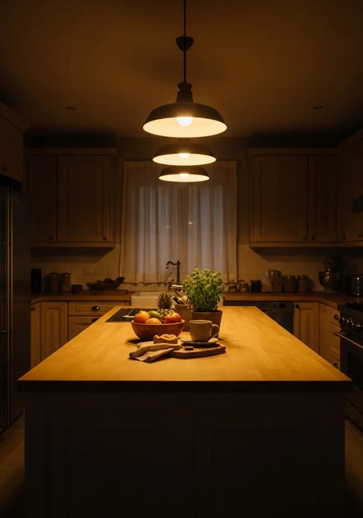 Warm under-pendant lighting creating a cozy and inviting glow over the kitchen island.