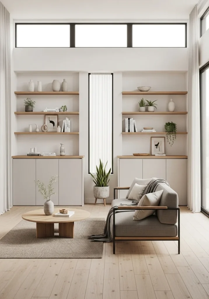 Japandi living room with simple and functional storage solutions