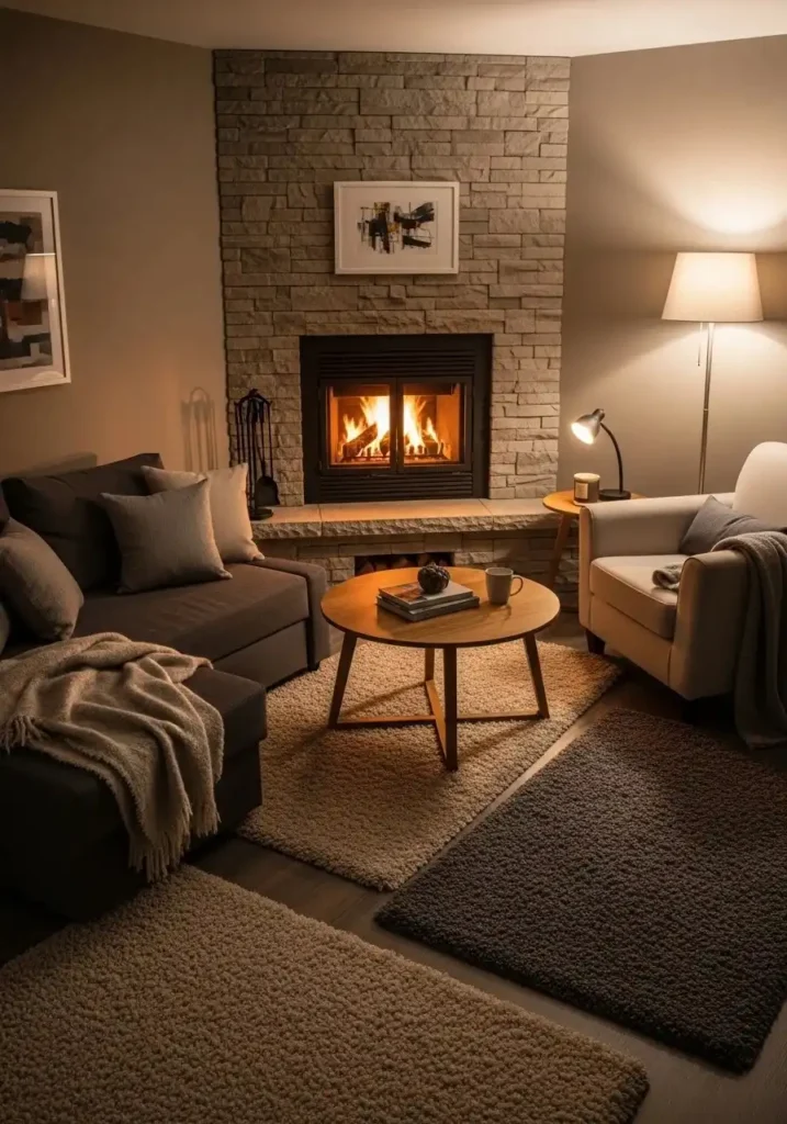 Corner fireplace in a small living room with angled seating and cozy decor.