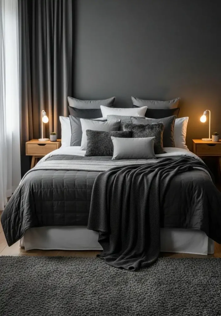 Dark gray bedroom with layered bedding and textured pillows.