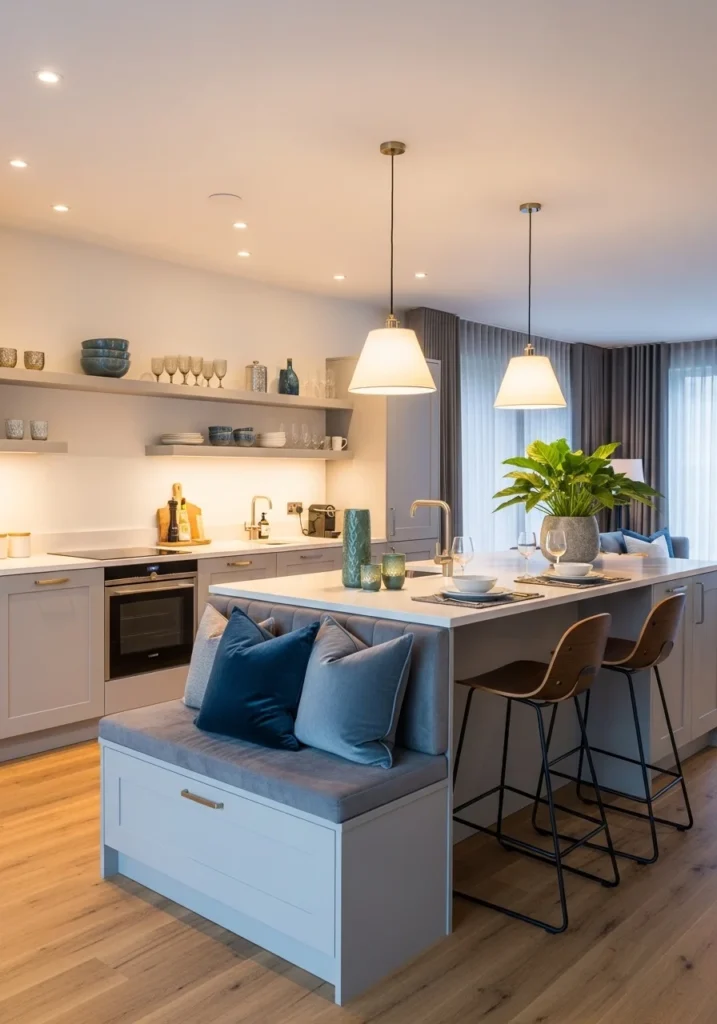One wall kitchen with island and built in seating