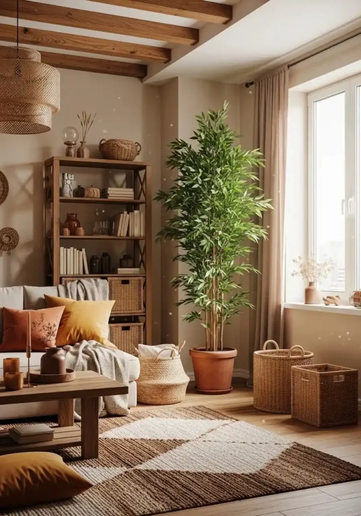 Small living room with tall indoor plant and natural textures.