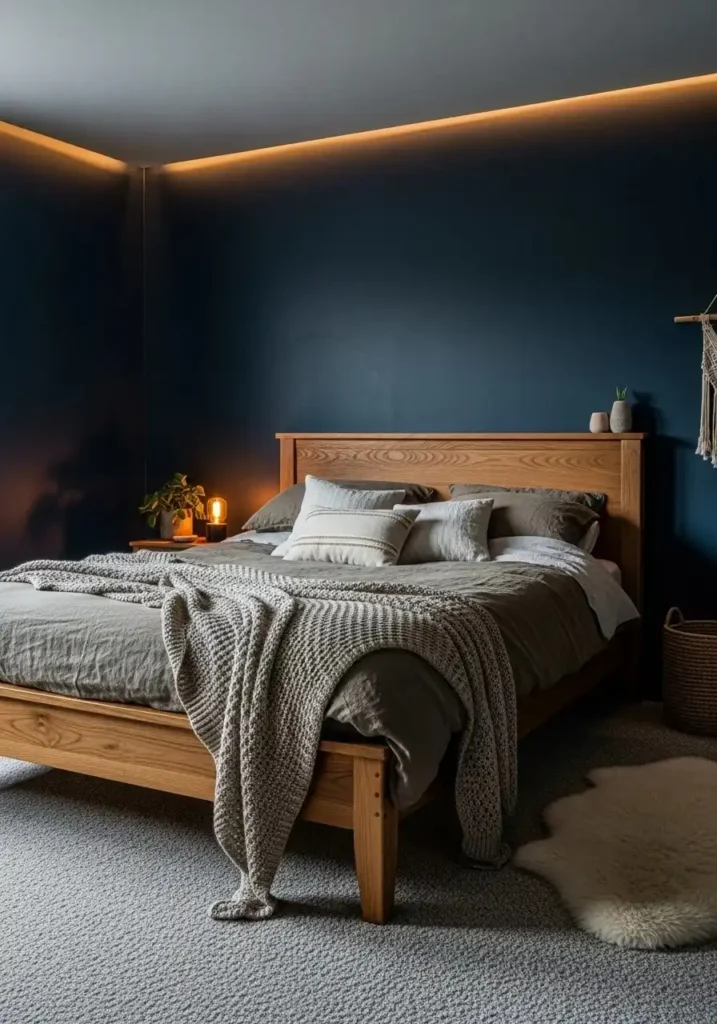 moody bedroom with wood furniture and dark tones