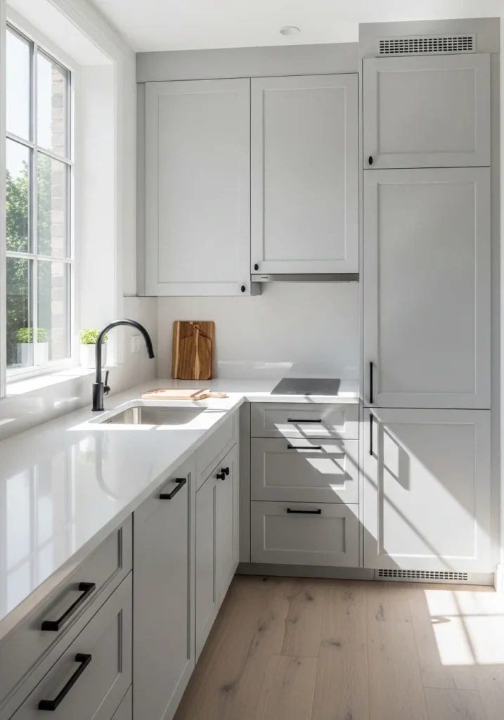 Light-colored kitchen cabinets make a small kitchen feel bigger, brighter, and airy.