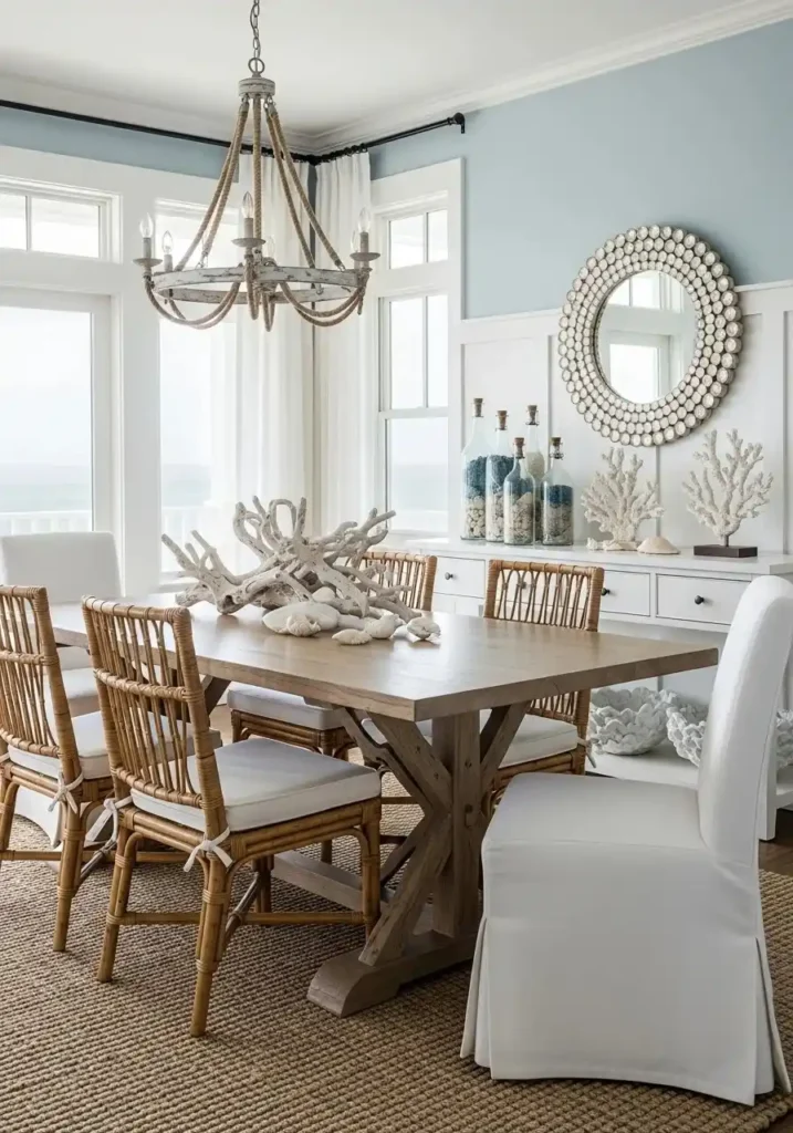Coastal blue dining room with rattan chairs and natural textures.