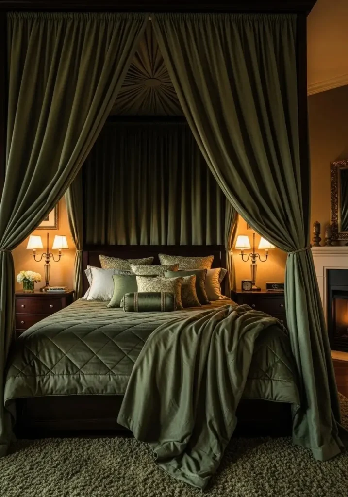 dark green canopy bed bedroom dramatic cozy design