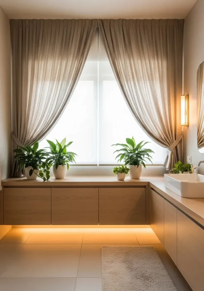Bathroom with linen curtains in neutral tones creating a relaxed and airy atmosphere.