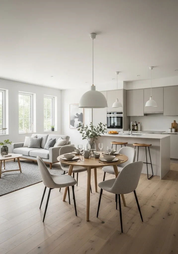 Open layout with properly sized dining table creating balanced space