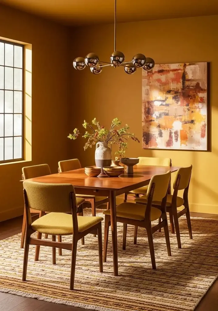 Mustard yellow color drenched dining room with mid century decor.