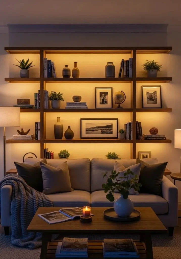 Built-in shelves with accent lighting creating a warm and inviting living room atmosphere