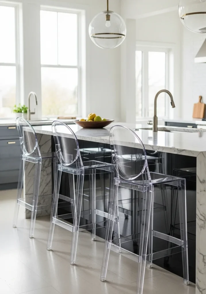 Transparent acrylic bar stools at a kitchen island creating a spacious and modern feel