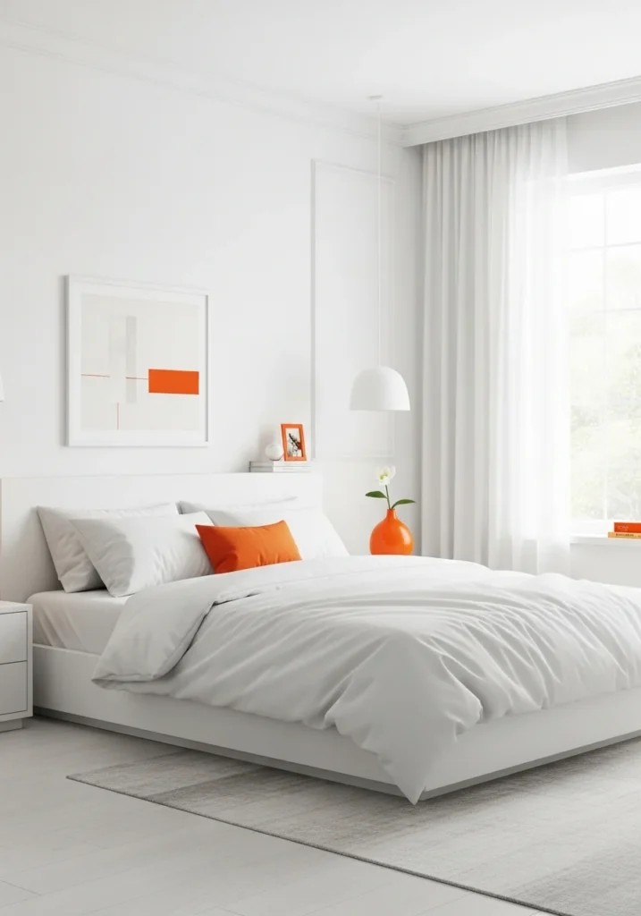 Minimalist bedroom with white décor accented by subtle orange touches.