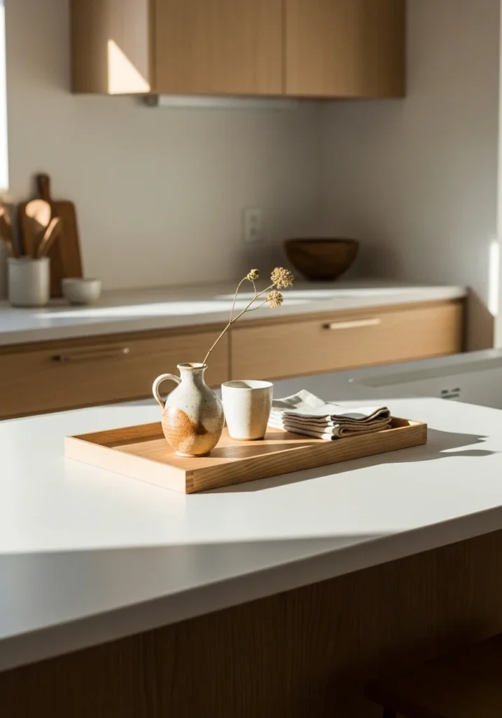 Clutter-free Japandi kitchen countertop with minimal decor and clean styling.