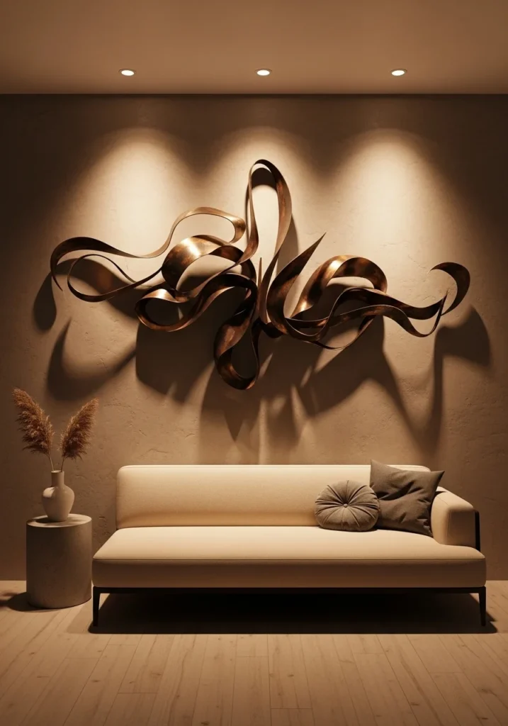 Wall-mounted sculptures adding depth and elegance to living room.