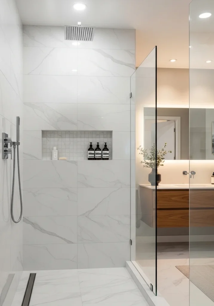 Walk-in shower with built-in niche storage