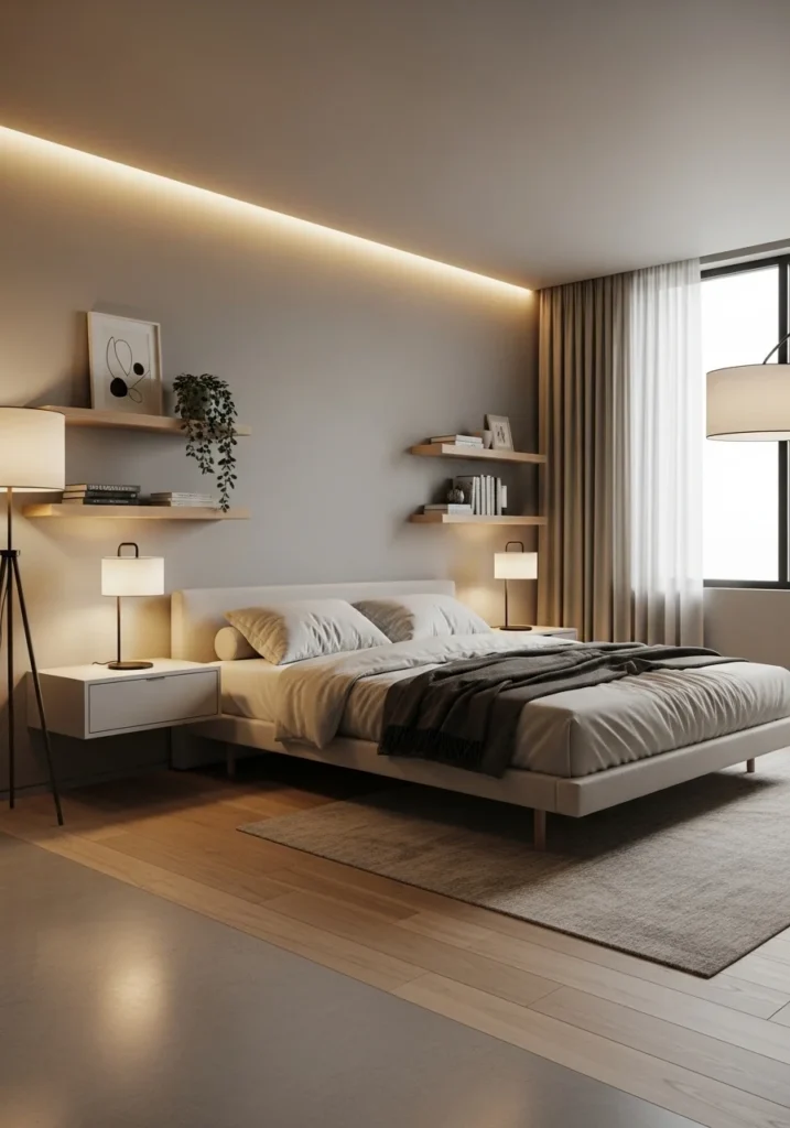floating nightstands beside bed in modern master bedroom
