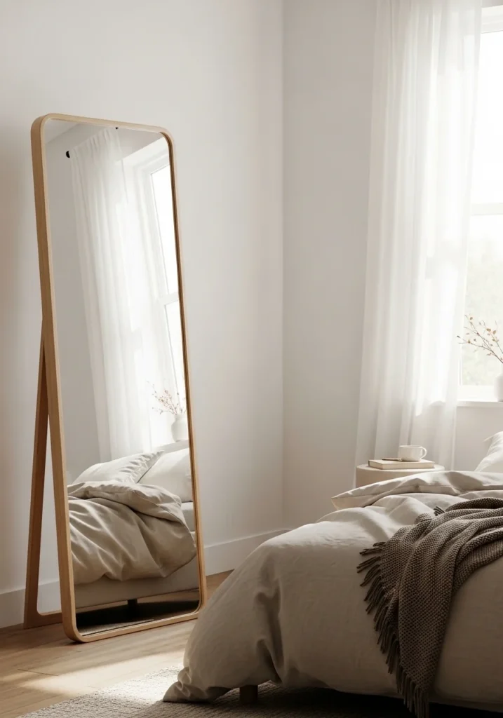 leaning full length mirror in bedroom reflecting natural light