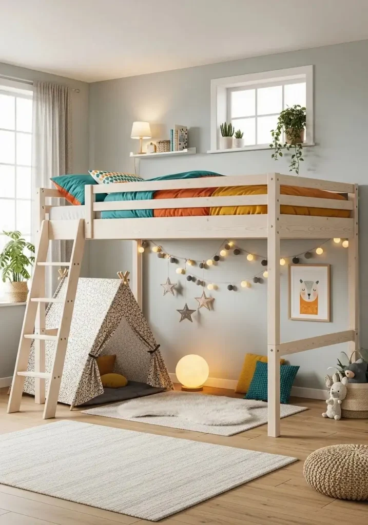 Kids adventure loft bed with playful space underneath for toys and reading.
