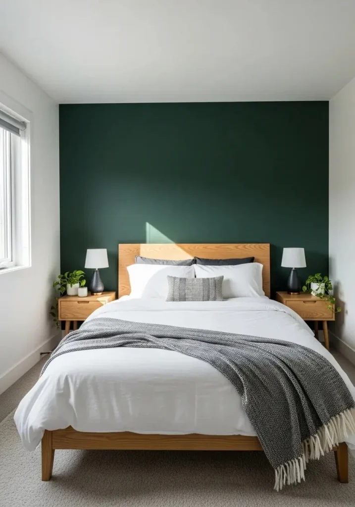 dark green accent wall bedroom cozy modern design idea