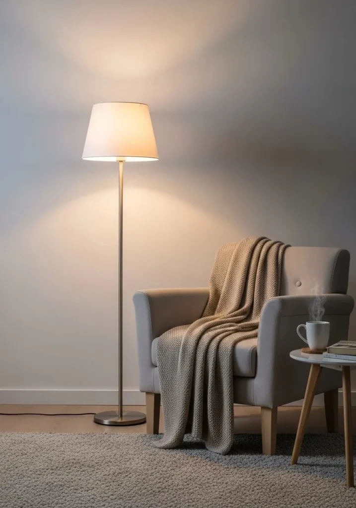 Cozy reading corner with tall floor lamp and warm lighting in living room